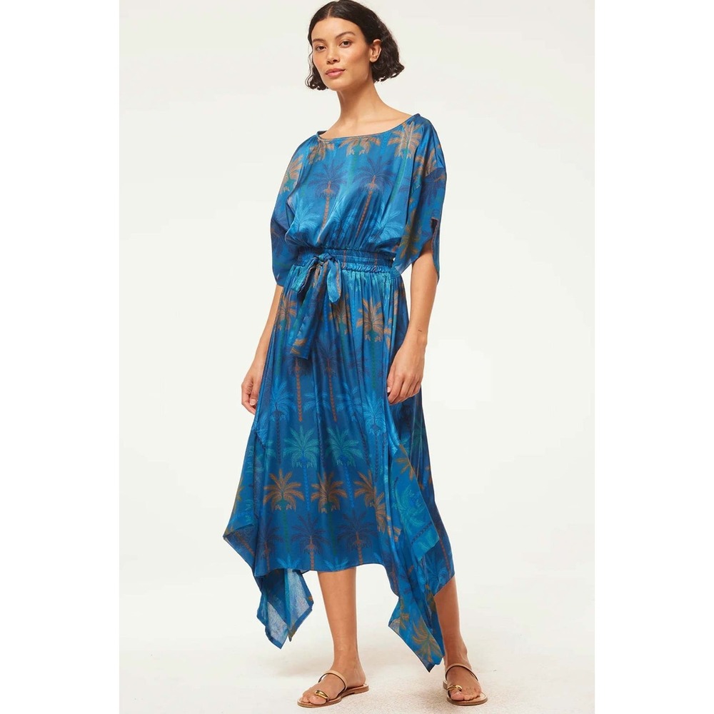 Misa Los Angeles Martina Cobalt Palms Midi Dress Womens Med Bateau Neck NWT $495